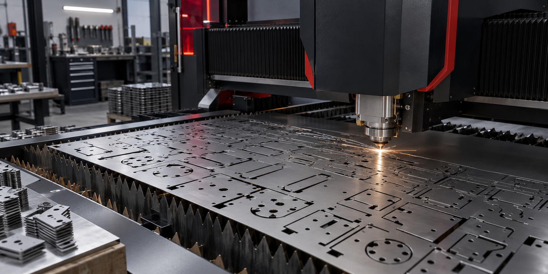Fiber laser cutting a dense layout of precision parts from thin sheet metal
